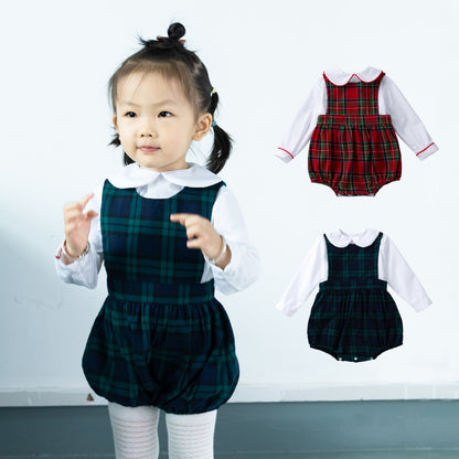 Christmas Carnival Baby Romper Set with Plaid Sleeveless Bodysuit and Long Sleeve T-Shirt, 2-Piece Outfit