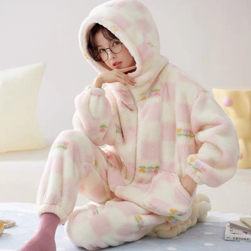 Hooded Coral Velvet Pajamas Women's Winter