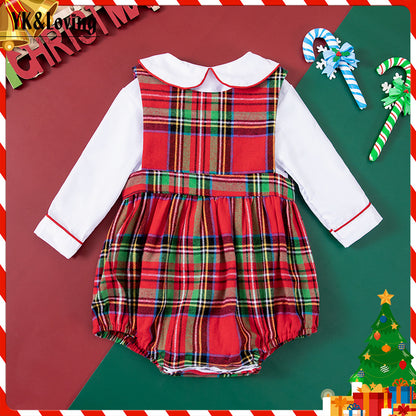 Christmas Carnival Baby Romper Set with Plaid Sleeveless Bodysuit and Long Sleeve T-Shirt, 2-Piece Outfit
