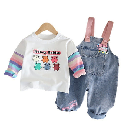 Girls' Cute Denim Suspender Trousers Cartoon Jumpsuit Two-piece Set