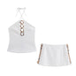 Accessories hanging neck short top, short skirt and pants set for women