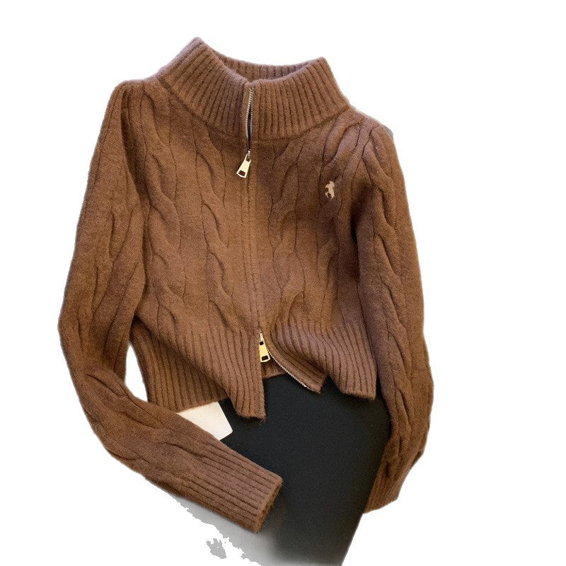 Retro floral stand up collar sweater jacket for women