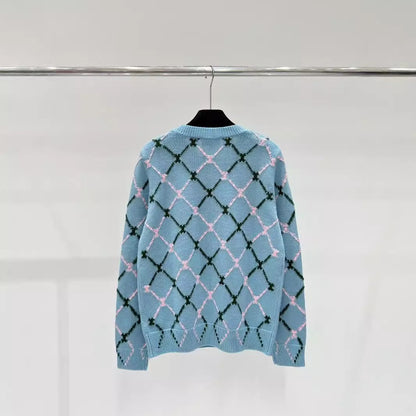 Geometric diamond grid jacquard round neck long sleeved knitted sweater sweet and fashionable sweater for women