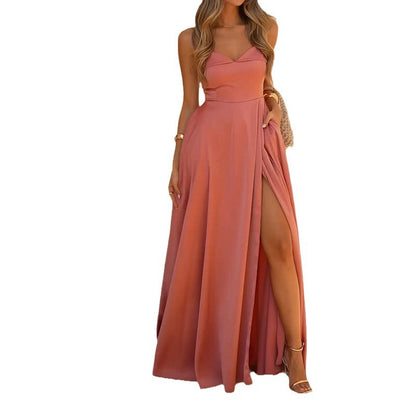 Vestido sexy de color liso con abertura y tirantes en los hombros
