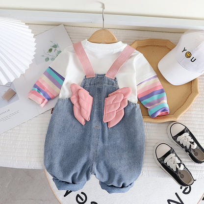 Girls' Cute Denim Suspender Trousers Cartoon Jumpsuit Two-piece Set