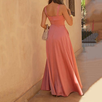 Vestido sexy de color liso con abertura y tirantes en los hombros