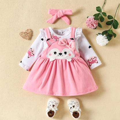 Girls' Skirt Set Love Animal Romper Embroidered Fox Suspender Skirt