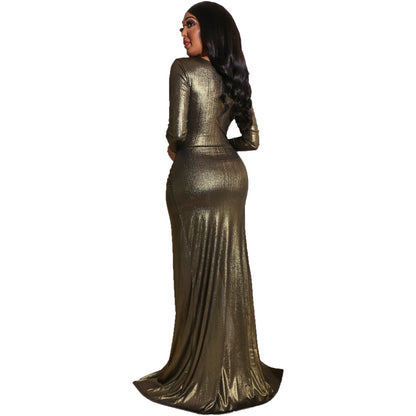 Langärmliges, sexy, unregelmäßiges, langes Kleid mit heißen Stempeln und Pit Strip
