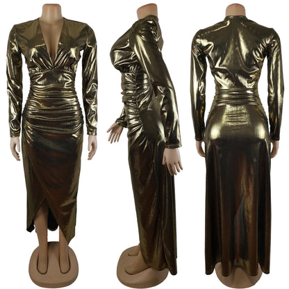 Langärmliges, sexy, unregelmäßiges, langes Kleid mit heißen Stempeln und Pit Strip