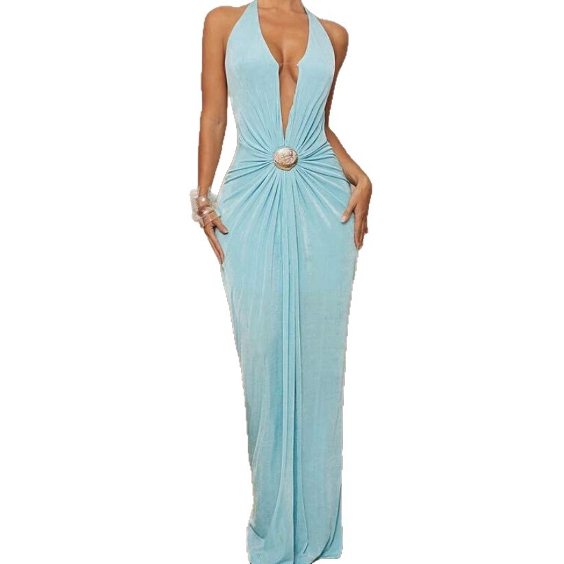 Deep V-neck Halter Dress With Open Back For Beach Vacations