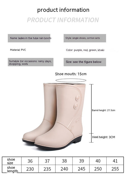 Botas de lluvia acolchadas de terciopelo de moda para mujer, botas de lluvia cálidas hasta la rodilla