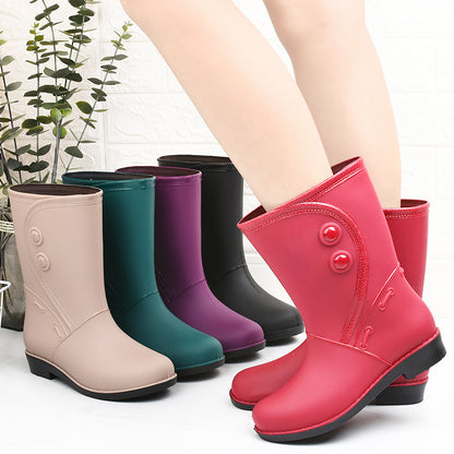 Botas de lluvia acolchadas de terciopelo de moda para mujer, botas de lluvia cálidas hasta la rodilla