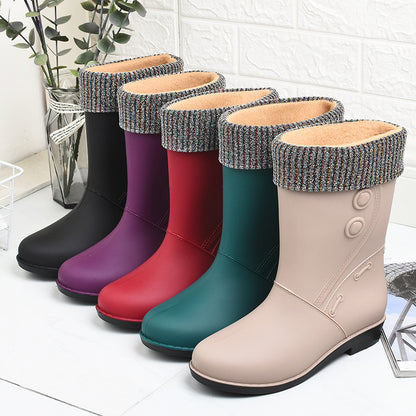 Botas de lluvia acolchadas de terciopelo de moda para mujer, botas de lluvia cálidas hasta la rodilla