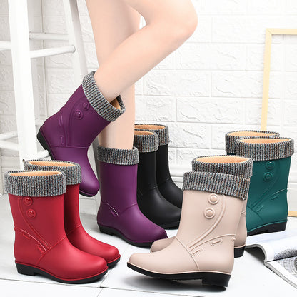 Botas de lluvia acolchadas de terciopelo de moda para mujer, botas de lluvia cálidas hasta la rodilla