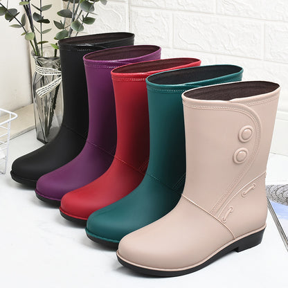 Botas de lluvia acolchadas de terciopelo de moda para mujer, botas de lluvia cálidas hasta la rodilla
