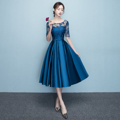 Vestido de noche azul ajustado de estilo occidental para banquete de verano, elegante, de largo medio, para fiesta anual