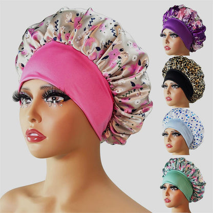 Gorro de dormir de ala ancha con estampado de satén Gorro de ducha de belleza elástico