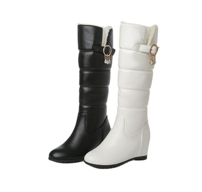 Botas de nieve de piel de cordero con punta redonda, invisibles, con diamantes de imitación y altura oculta