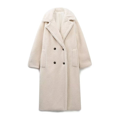 Abrigo largo de lana de cordero informal de color liso para mujer nuevo de otoño e invierno