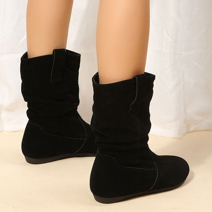 Botas de mujer de punta redonda con costuras de gamuza y suela plana de gran tamaño