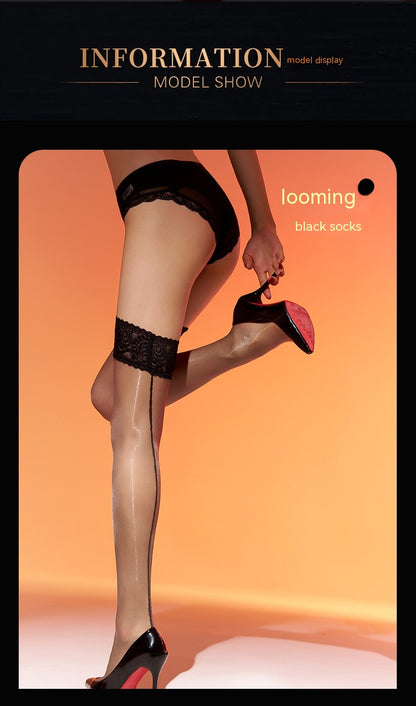 Rear Vertical Thread Stockings Rear Shrimp Thread Lace Edge Thigh High Socks