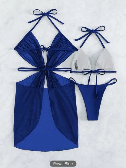 Bikini de cuello halter de 3 piezas para playa, traje de baño dividido de color sólido para verano, ropa de mujer