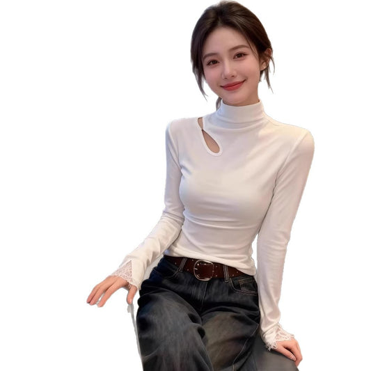 Chic High Neck Hollow Knit Fleece-Lined Warm Inner Layer Top for Women