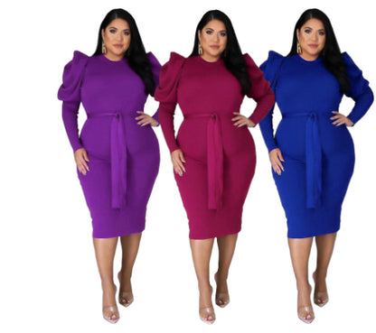Women's Long Sleeve Belt Slim Fit Plus Size Dress