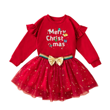 Fall and Winter New Girls' Christmas Dress Set, Double-Sided Fleece T-Shirt amp Skirt 2-Piece Set, Baby Party Outfit