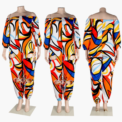 Sexy Slim Backless Crocheted Floral Print Plus Size Jumpsuit