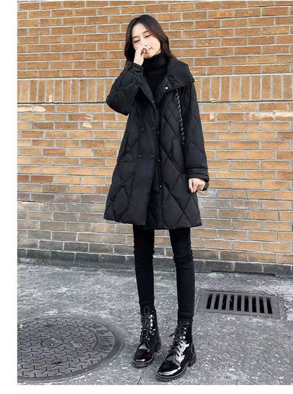 Schwarzer mittellanger, baumwollgefütterter Mantel für Damen