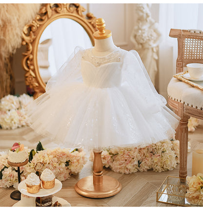 Long Sleeve Handmade Pearl Embroidery Children Princess Dress Gown