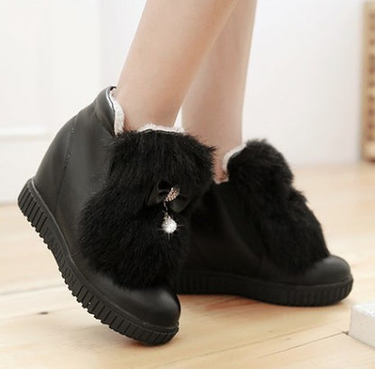 Botas de nieve blancas peludas con lazo plano para mujer