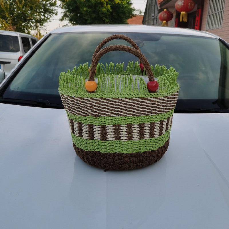 Picnic Basket Tassel Wooden Bead Decorative Cute Handbag Hand Woven