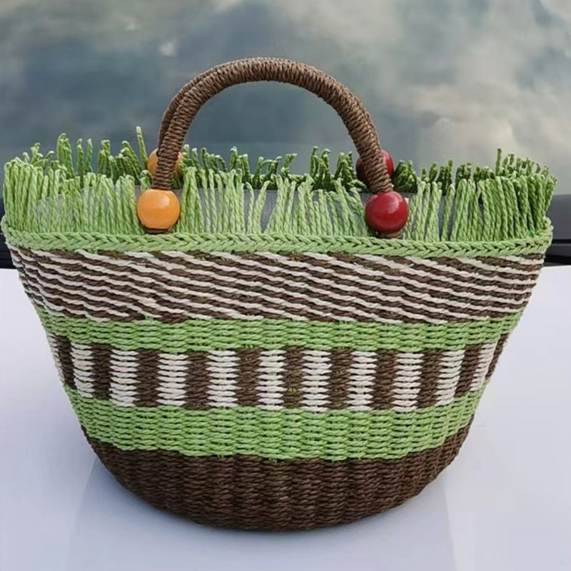 Picnic Basket Tassel Wooden Bead Decorative Cute Handbag Hand Woven