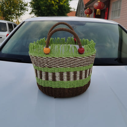 Picnic Basket Tassel Wooden Bead Decorative Cute Handbag Hand Woven