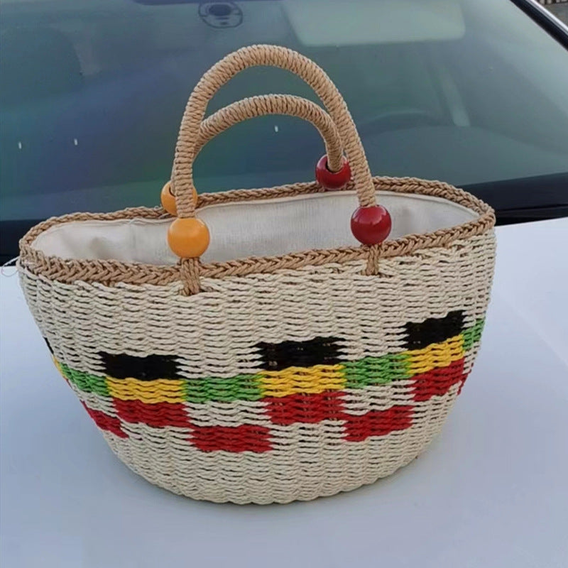 Picnic Basket Tassel Wooden Bead Decorative Cute Handbag Hand Woven