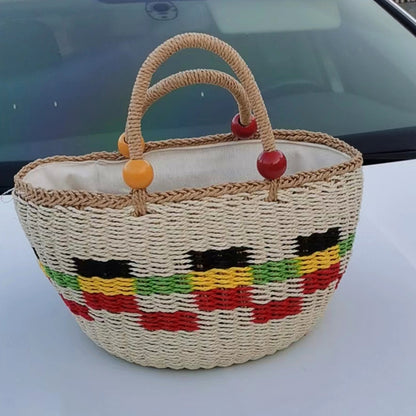 Picnic Basket Tassel Wooden Bead Decorative Cute Handbag Hand Woven