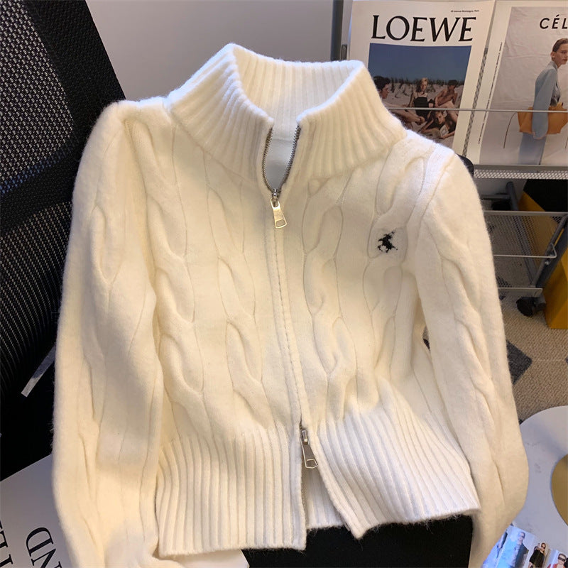 Retro floral stand up collar sweater jacket for women