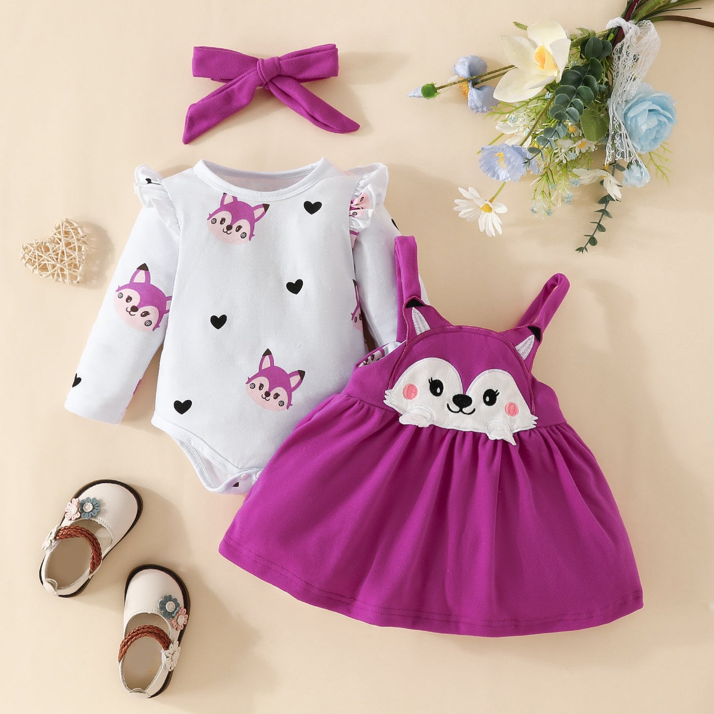 Conjunto de falda para niñas, mono con estampado de animales y zorro bordado, falda con tirantes