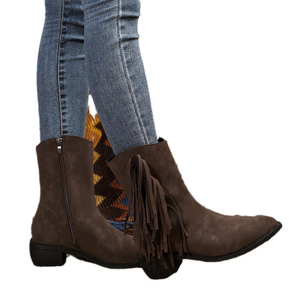 Botas de caballero con borlas, cremallera lateral, punta puntiaguda y tacón bajo elegantes para mujer
