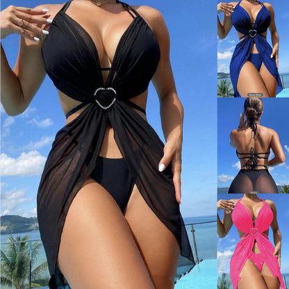 Bikini de cuello halter de 3 piezas para playa, traje de baño dividido de color sólido para verano, ropa de mujer