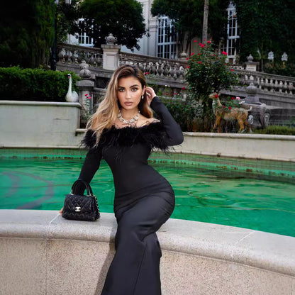Vestido de una pieza con cuello de piel y vendaje para mujer
