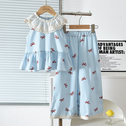 Cute Flower Trim Sleeveless Baby Shirt and Long Pants Two-Piece Set for Girls Summer Outfit