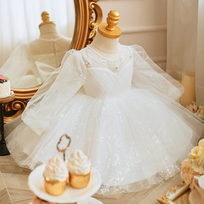 Long Sleeve Handmade Pearl Embroidery Children Princess Dress Gown