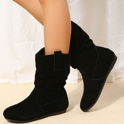 Botas de mujer de punta redonda con costuras de gamuza y suela plana de gran tamaño