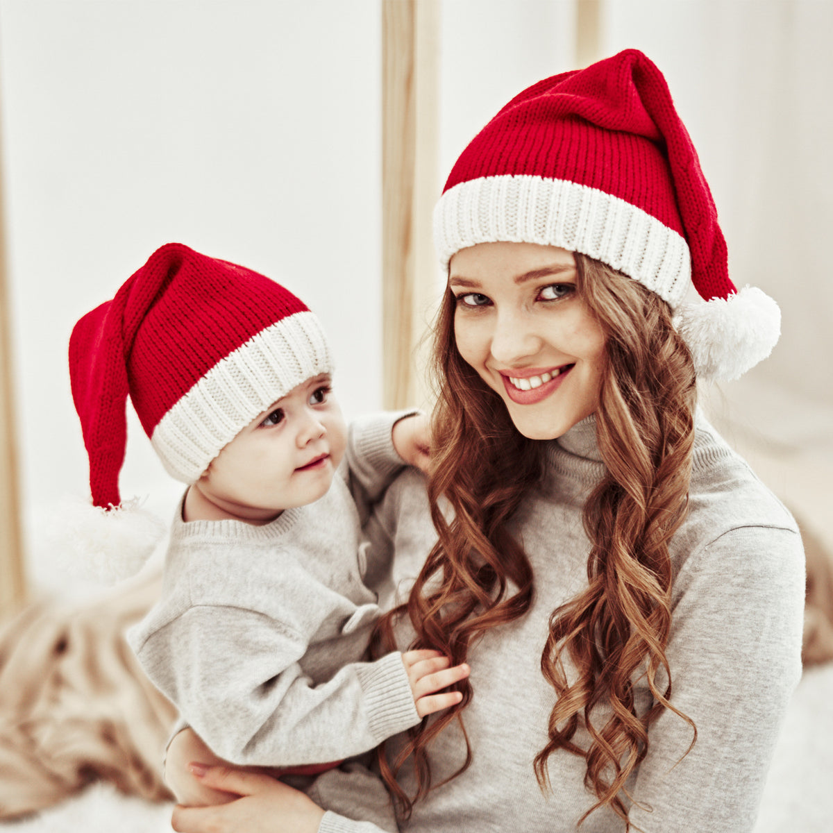 Winter Fur Ball Mother Baby Knitting Cap Christmas Warm Cap Parent-Child Cap