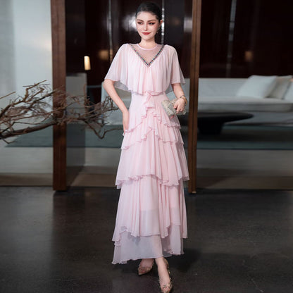 French women's V-neck heavy industry custom-made bead waist ruffle layered formal dress cake long skirt