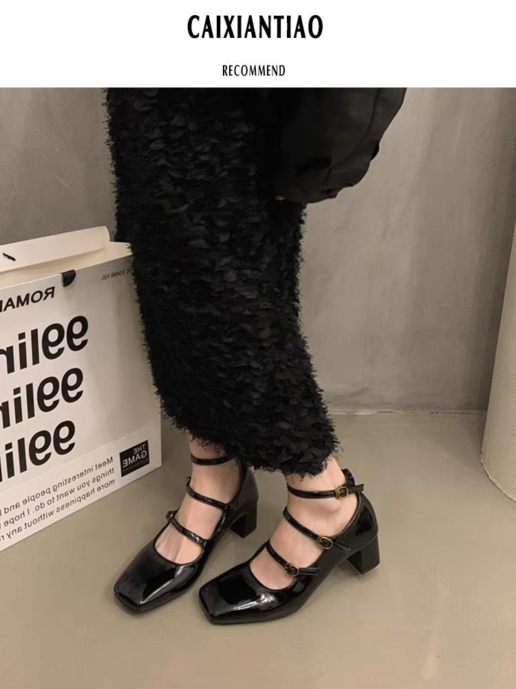Silver Square Toe French Style Women's Shoes Chunky Heel Pumps High Heels