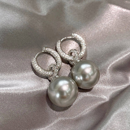 Inlaid Zircon Gray Pearl Earrings Detachable Round Shell Pearls